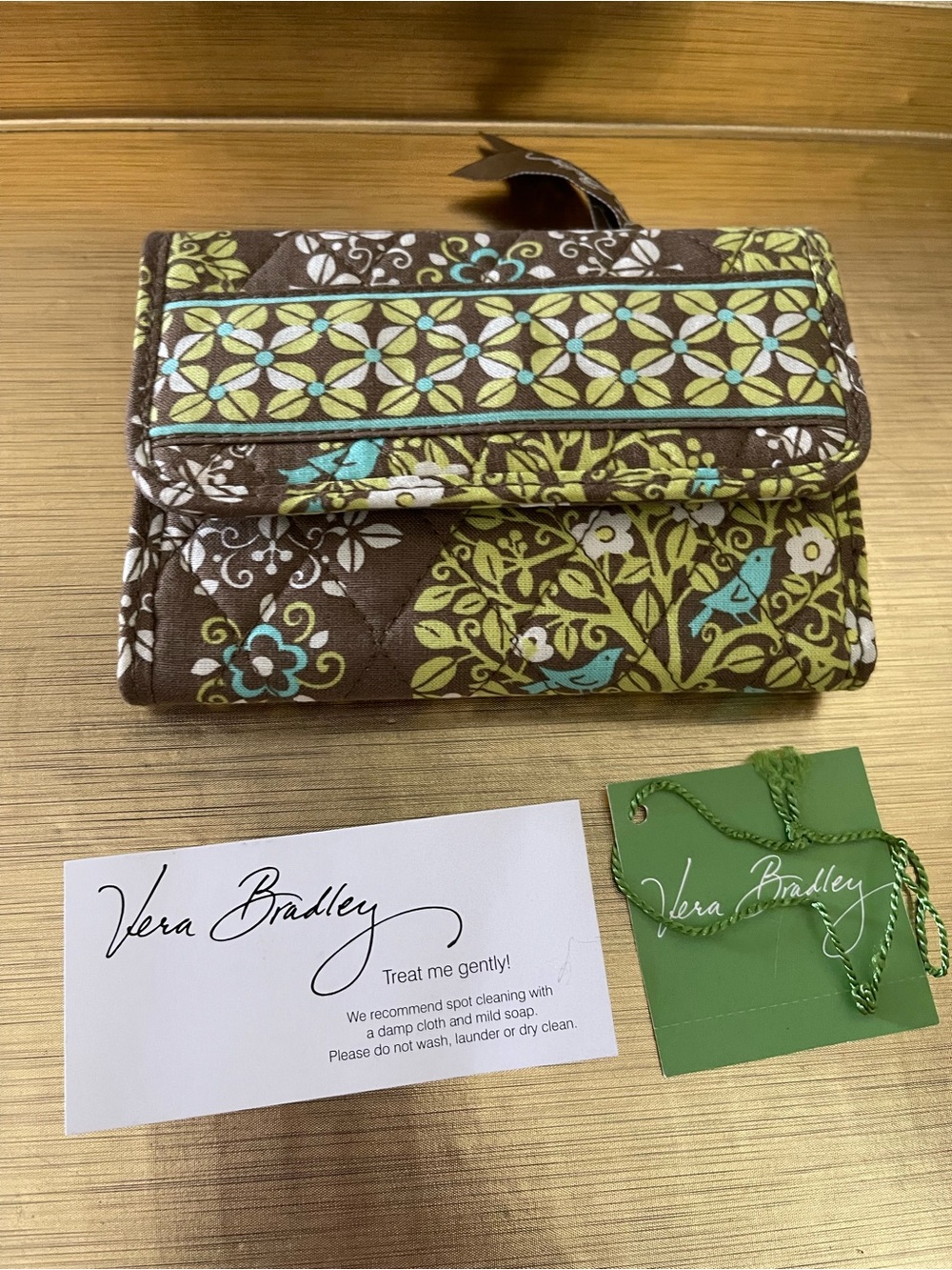 Vera Bradley Brown Quilted Wallet with Green and Aqua Floral Print